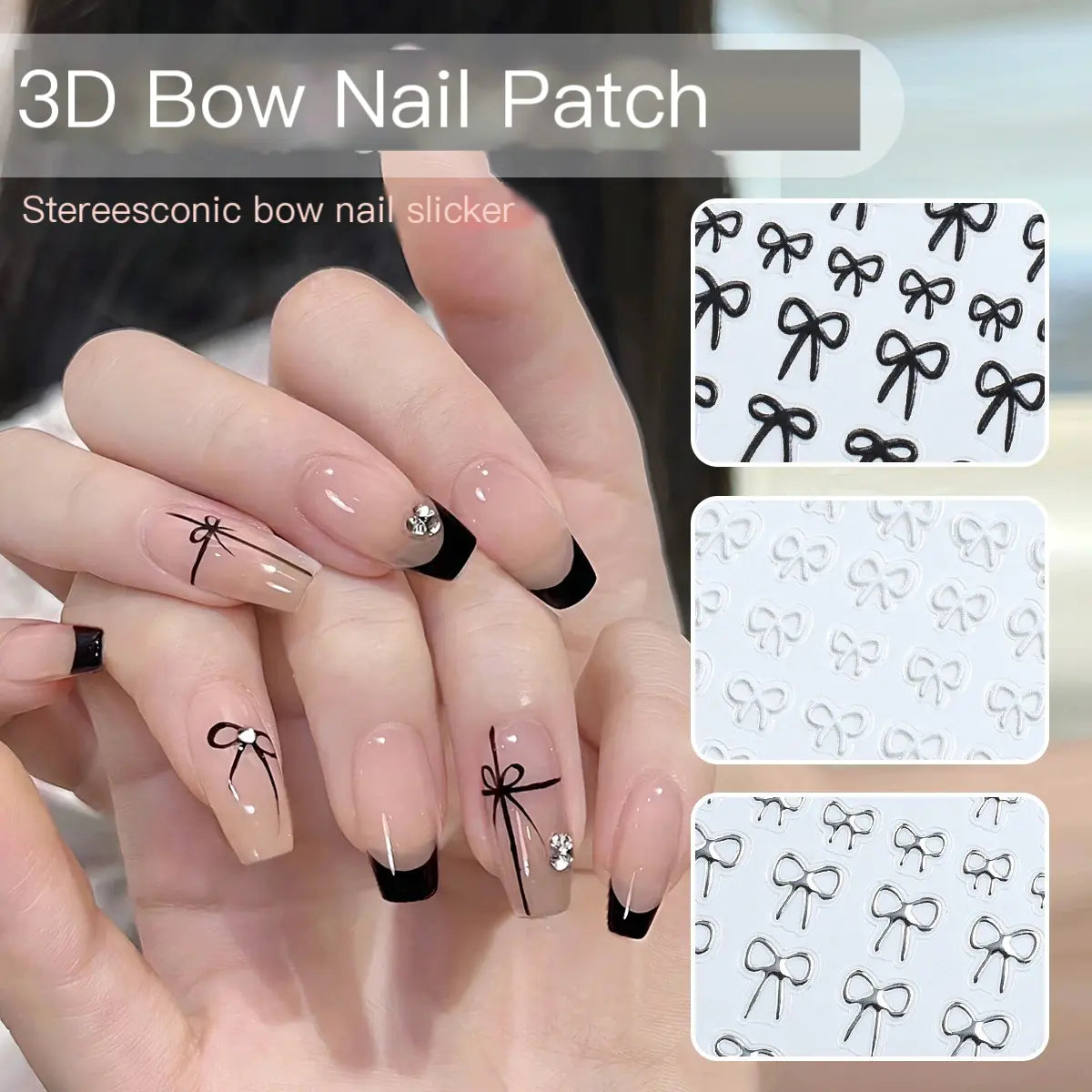 5D Minimalist Embossed Bow Nail Stickers (Black/White/Silver)